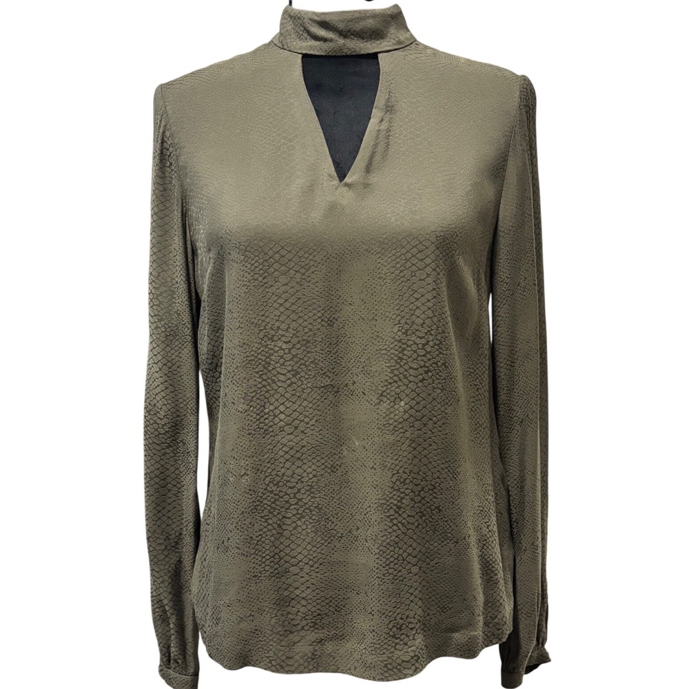 Ted Baker Blouse Womens US 0-2 Green Snakeskin Jacquard Mock Neck Cutout
